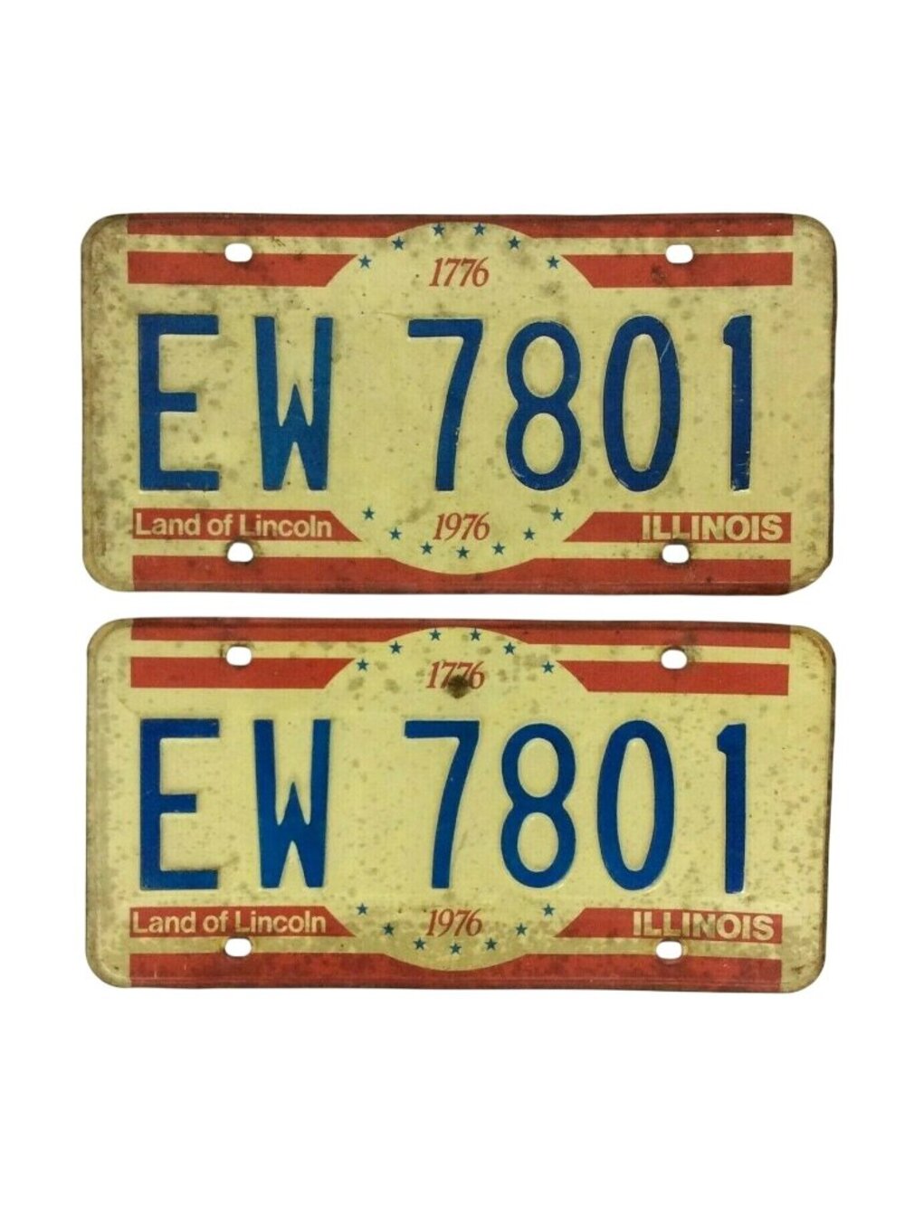 Vintage 1976 Illinois License Plates Pair EW 7801 Land of Lincoln Blue Red